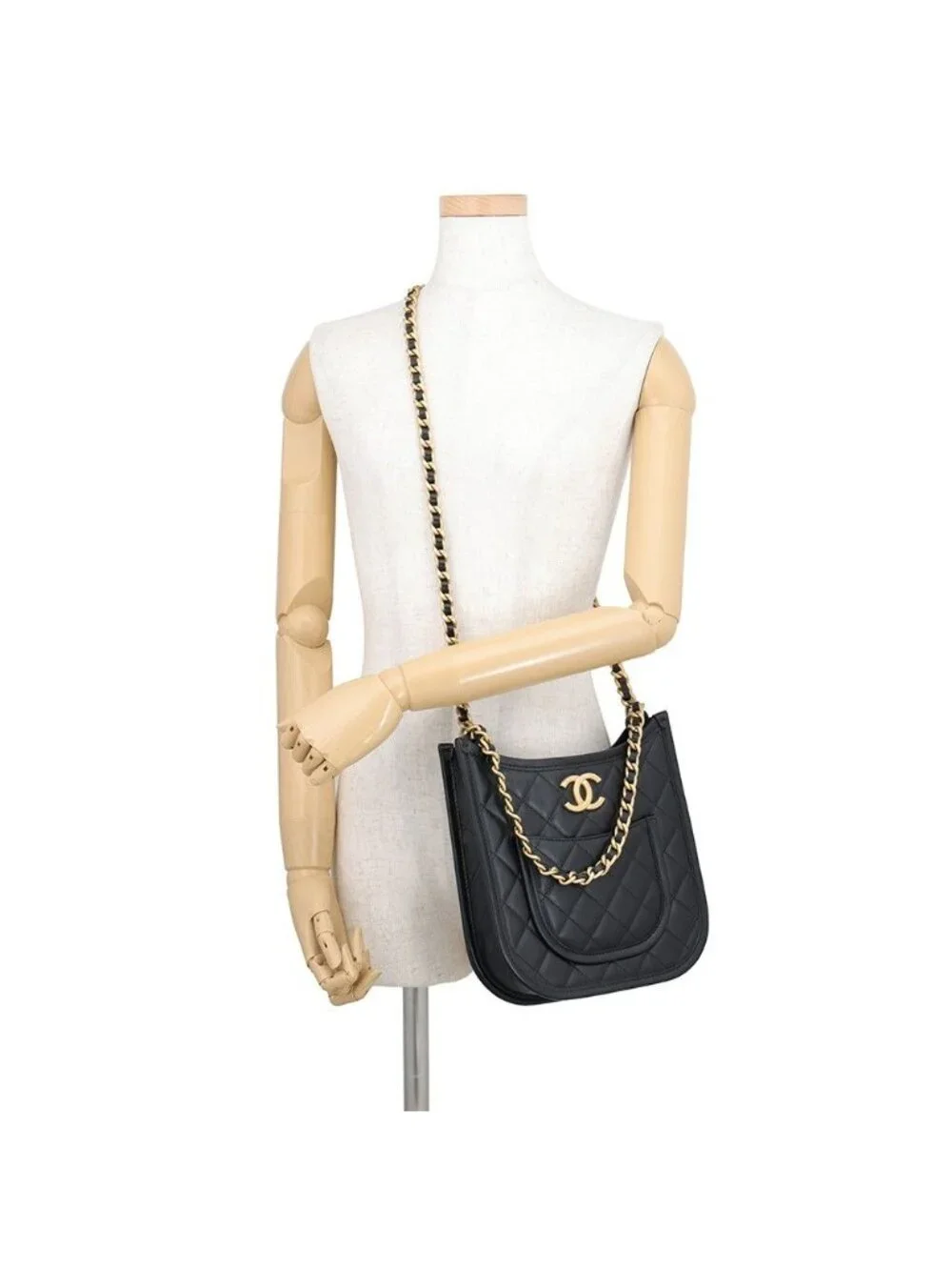 Chanel Chain Shoulder Bag Quilted CC Logo Hobo Lambskin 2-Way Black